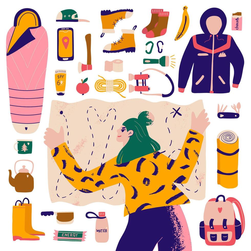 Bundle for camping and adventure. Hand drawn character and elements sleeping bag, mat, jacket and binoculars. Perfect for local tourism, camping, posters or sticker kit. Cartoon illustration. vector