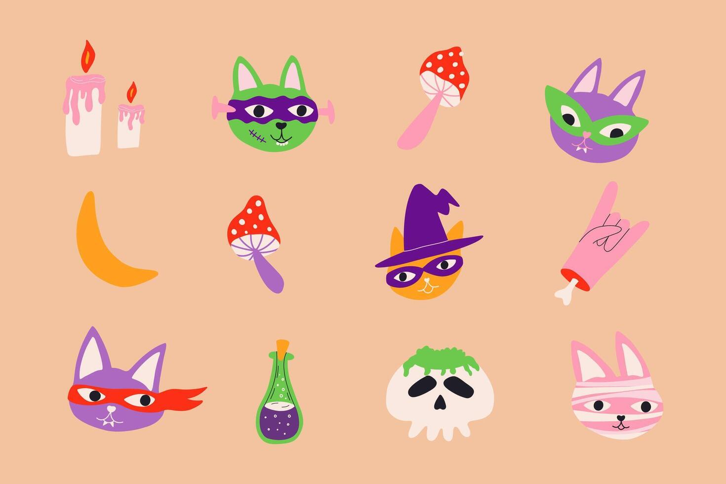 Set of Halloween cartoon elements. Cute funny creatures. Hand drawn illustration with cartoon elements for sticker, banner, childish. vector