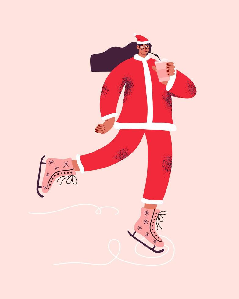 Young woman dressed in Santa Claus costume and skating on Ice rink with drink in hand. Illustration, Christmas and New Year mood for card design. Trendy retro style. vector