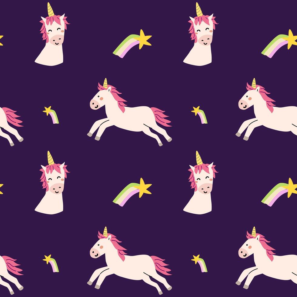 Charming unicorns and rainbow in bright colors. A seamless, flat cartoon design perfect for kids' bedding. vector
