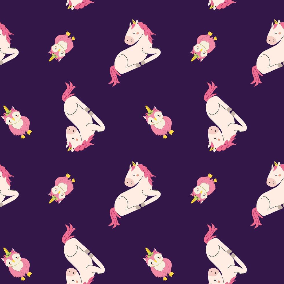 Charming unicorns and owl in bright colors. A seamless, flat cartoon design perfect for kids' bedding. vector