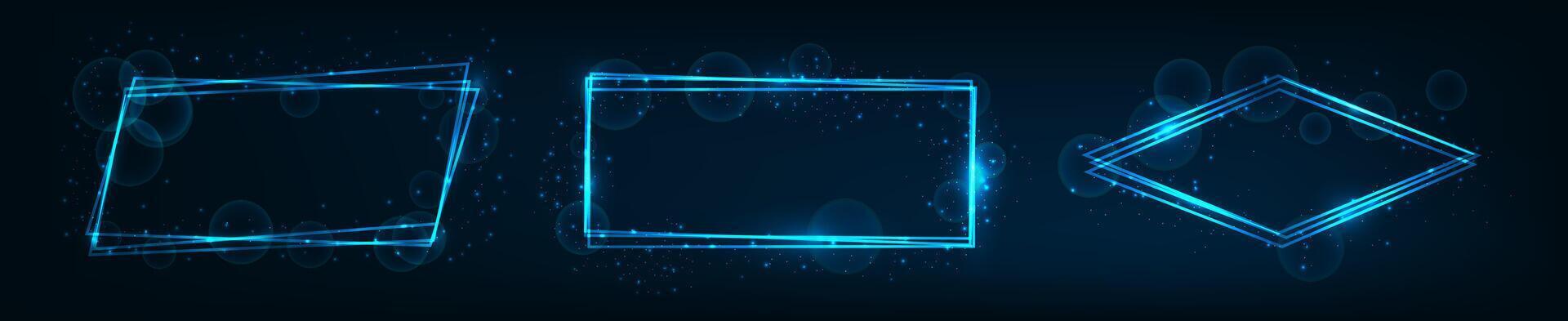 Set of three neon frames with shining effects and sparkles vector