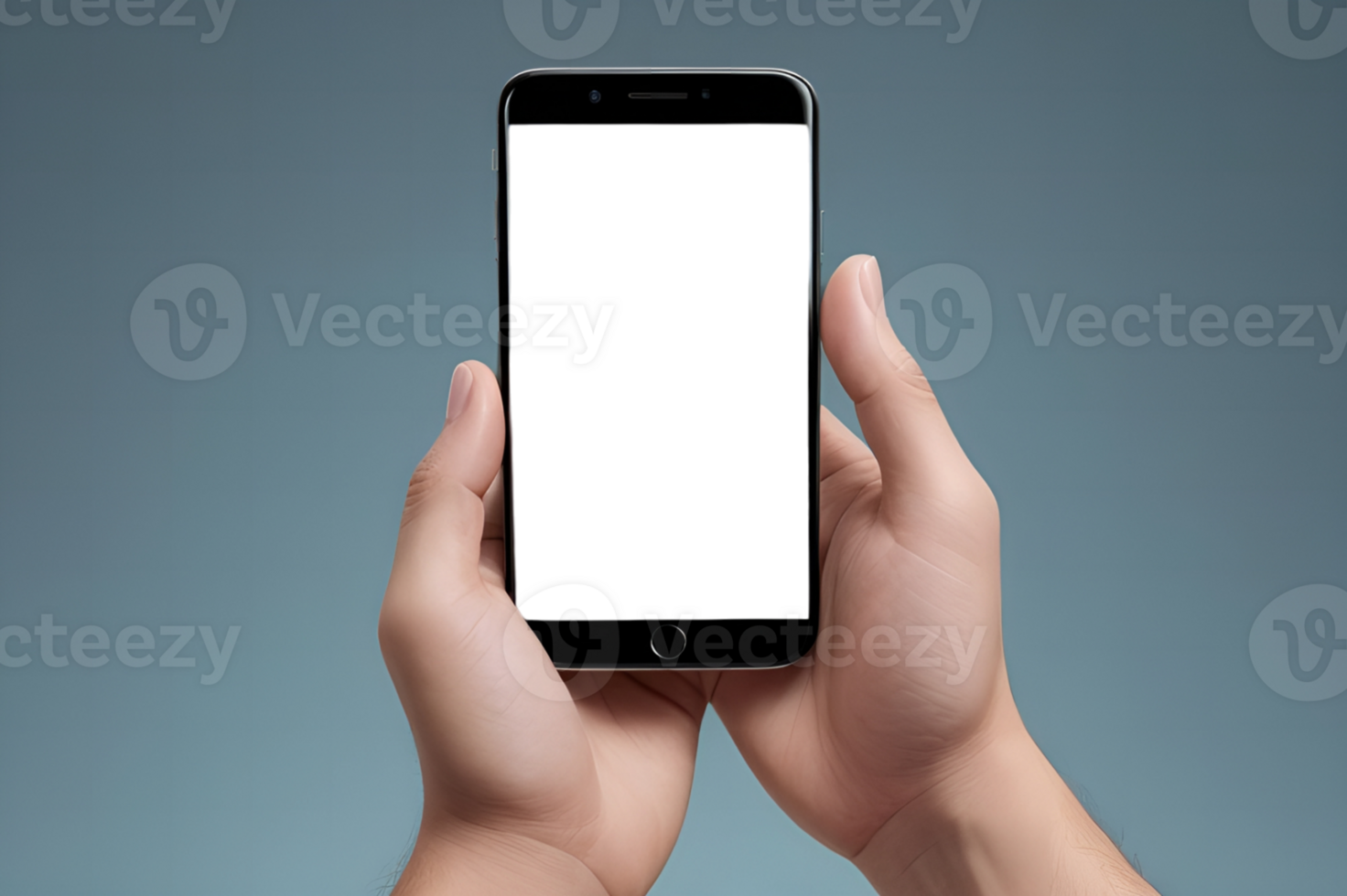 Hands holding a black smartphone with a blank screen png