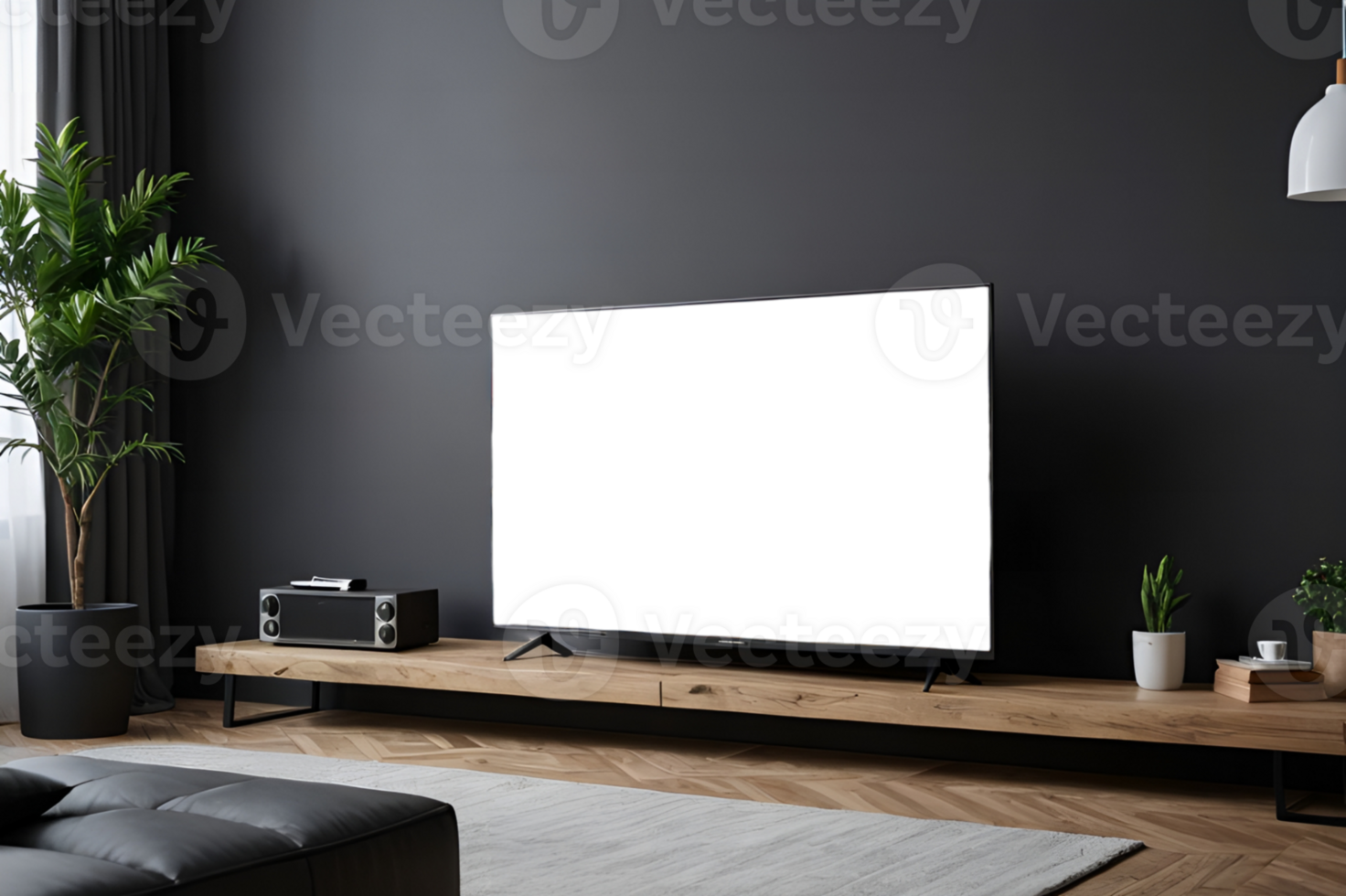 A black tv is sitting on a wooden shelf in front of a black wall png