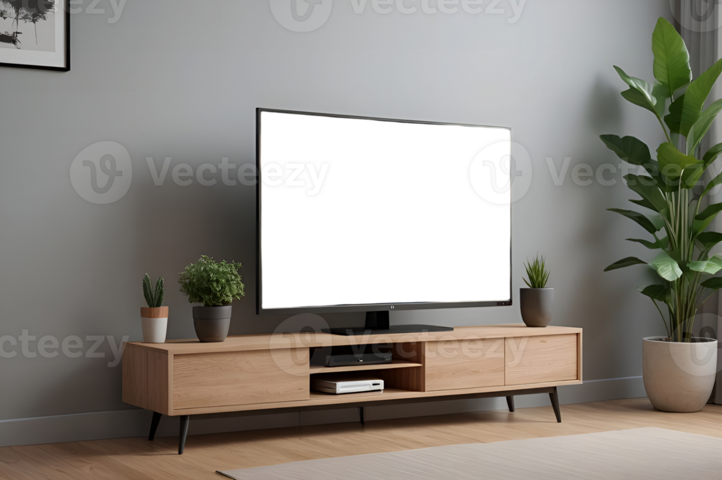 Modern tv stand with wooden shelves and plants in a room png