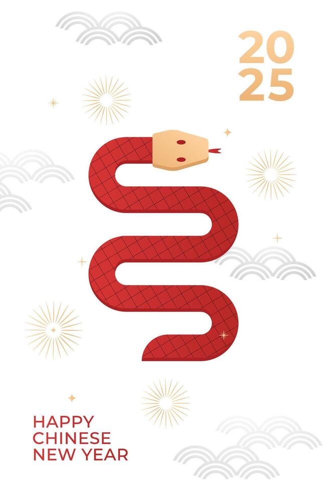 Chinese New Year 2025 modern art design set in red, gold and white colors for cover, card, poster, banner. Chinese zodiac Snake symbol. Hieroglyphics mean Happy New Year and symbol of of the Snake. vector