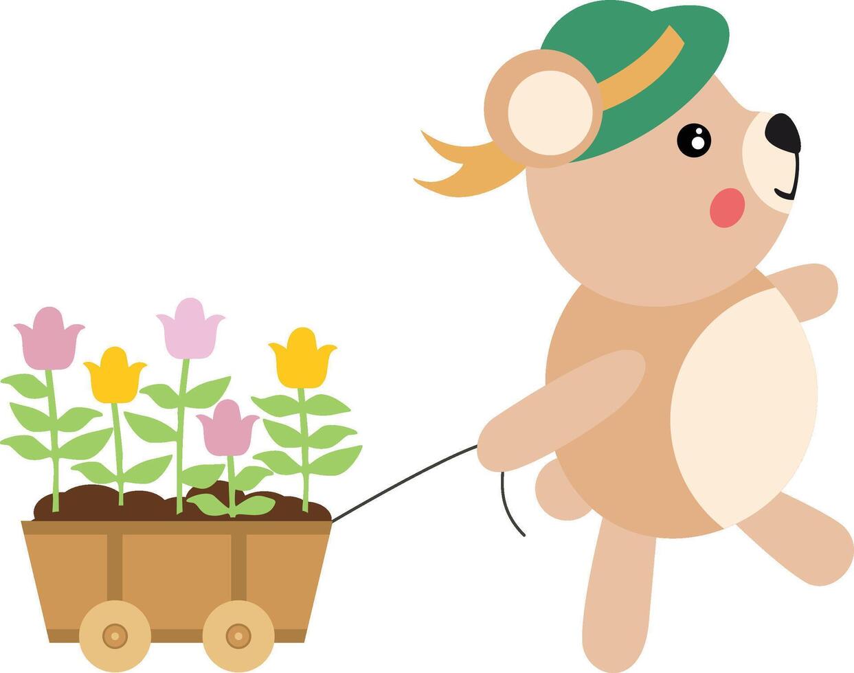 Gardener teddy bear pulling wooden small cart with flowers vector