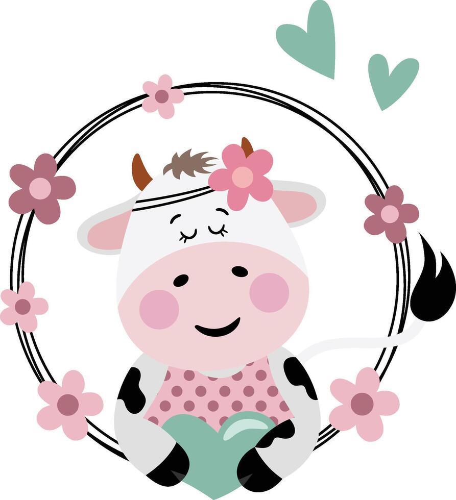 Friendly cow peeking out of spring round frame vector