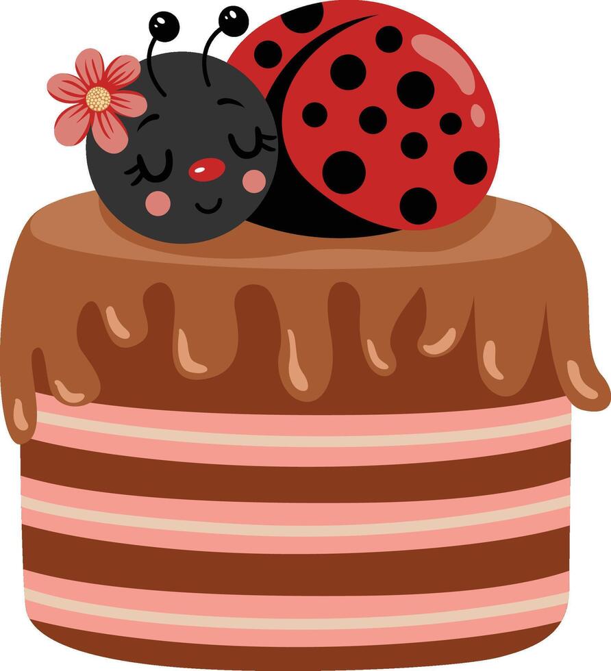 Cute ladybug sleeping on a tasty strawberry cake vector