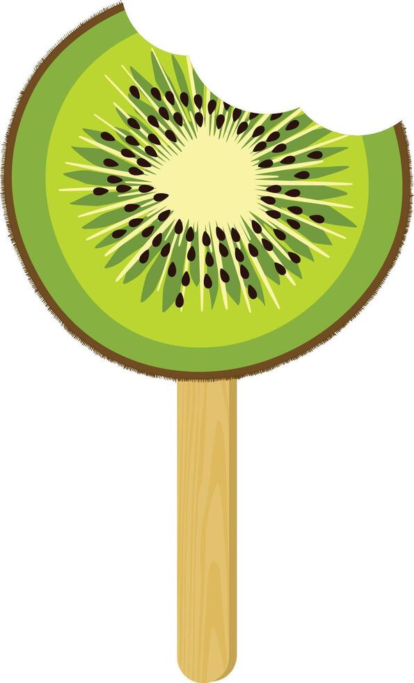 Bitten kiwi slice ice cream on a wooden stick vector