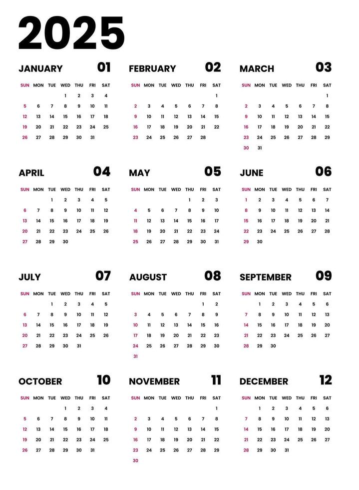 Calendar 2025 week start Sunday business corporate design template . Wall calendar 2025. vector
