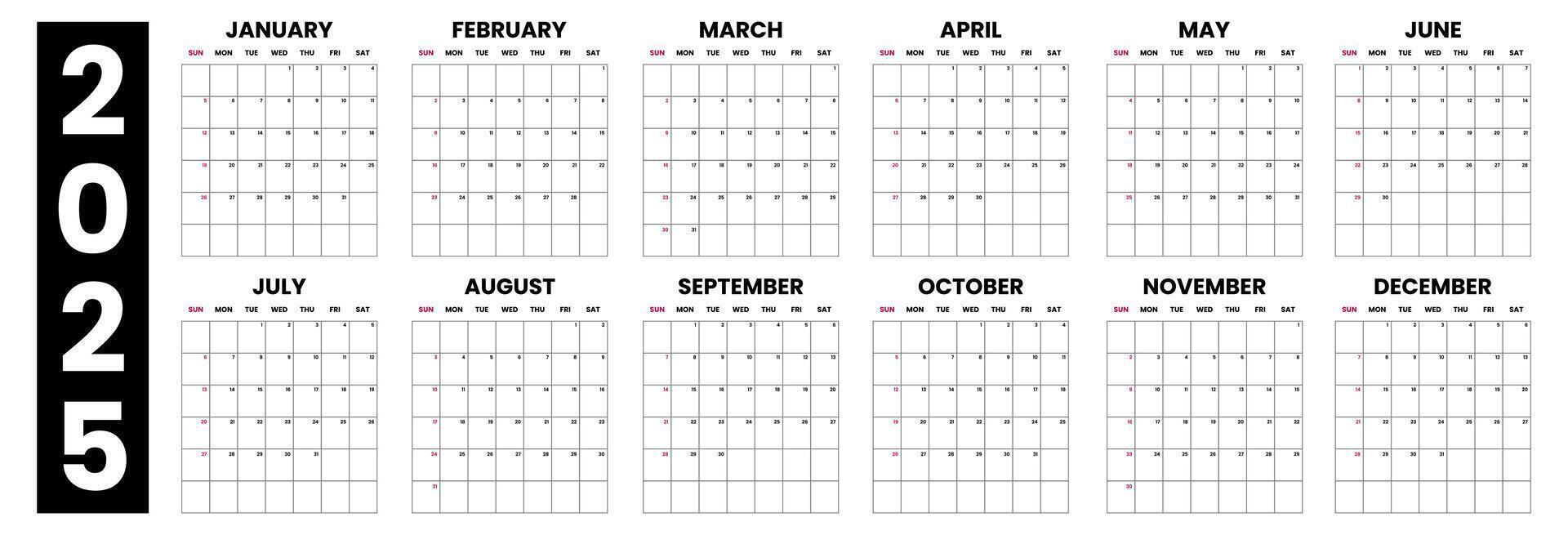 Calendar 2025 Set Simple Plan Layout. Planner diary in minimalist style. Corporate and business calendar. 2025 calendar in minimal style vector