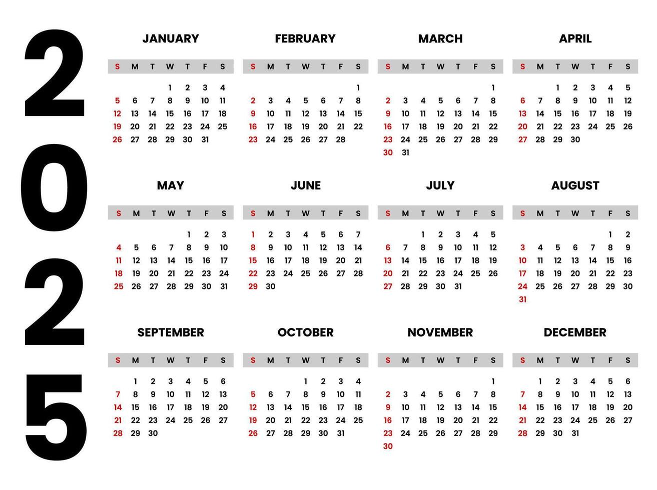 Calendar 2025 Set Simple Plan Layout. Planner diary in minimalist style. Corporate and business calendar. 2025 calendar in minimal style vector