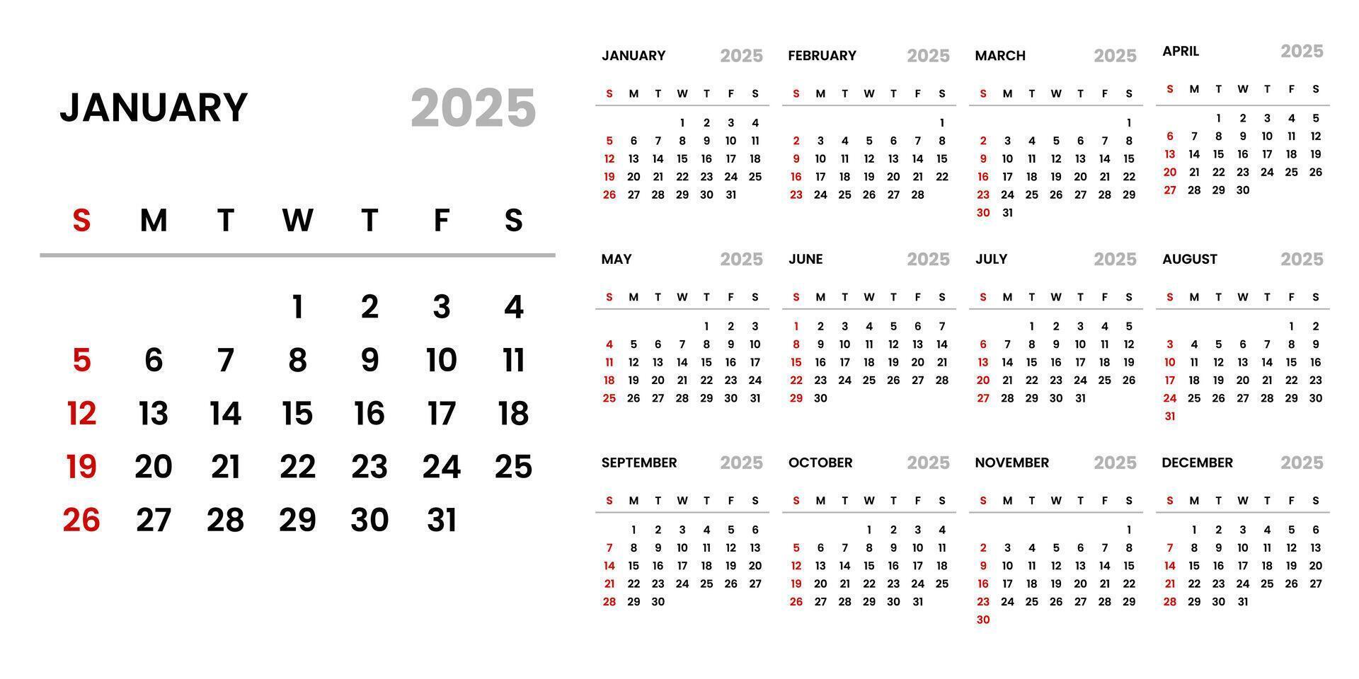 Calendar 2025 Set Simple Plan Layout. Planner diary in minimalist style. Corporate and business calendar. 2025 calendar in minimal style vector