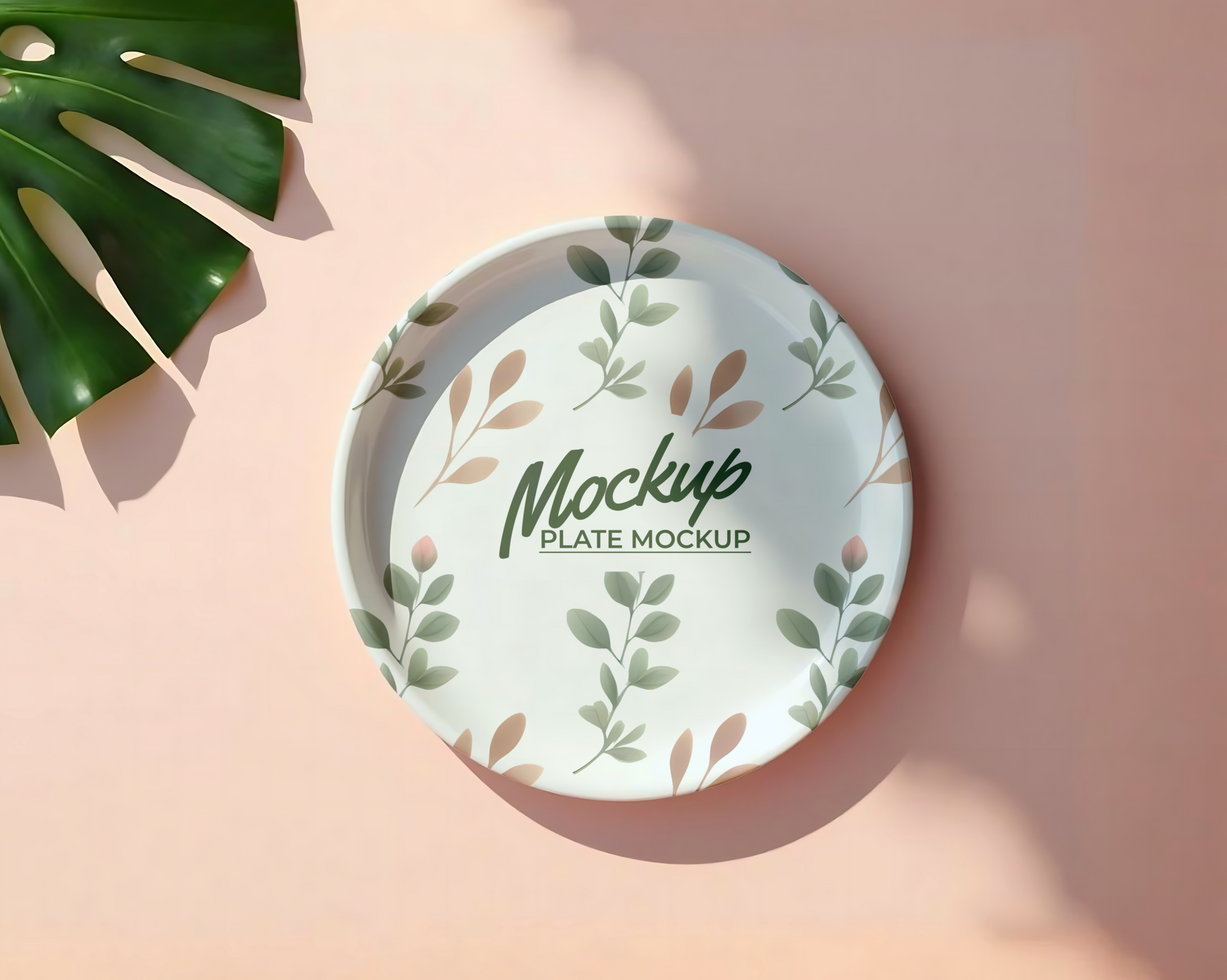 Plate mockup with leaf and pink background psd