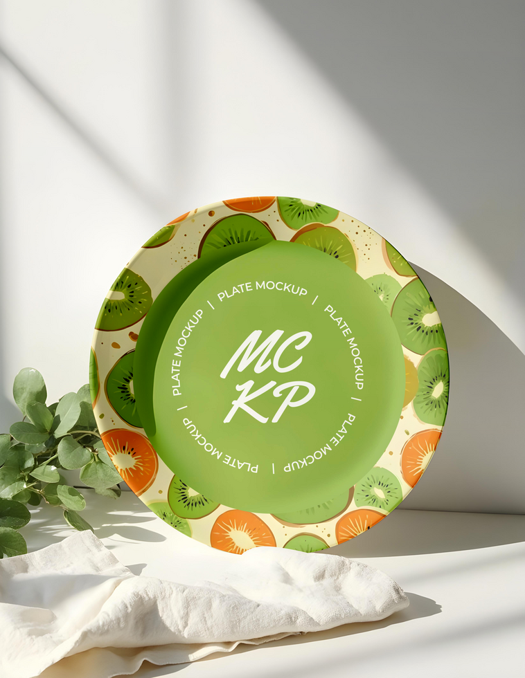 plate mockup with leaf and fabric psd