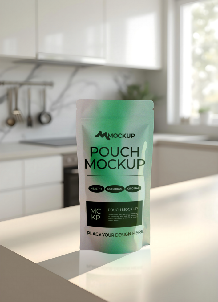 Mockup standing zip lock pouch with kitchen background psd