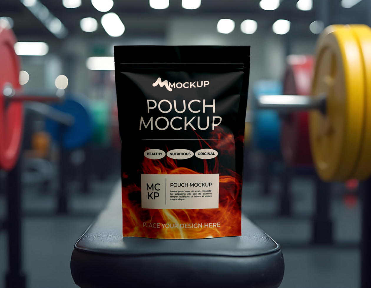 Mockup standing zip lock pouch with gym barbel background psd