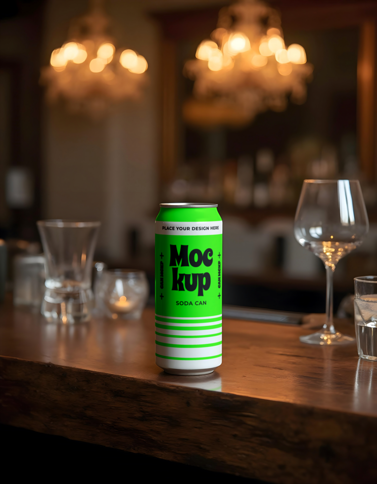 soda can mockup with cafe background psd