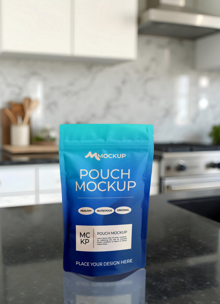 Mockup standing zip lock pouch with white kitchen background psd