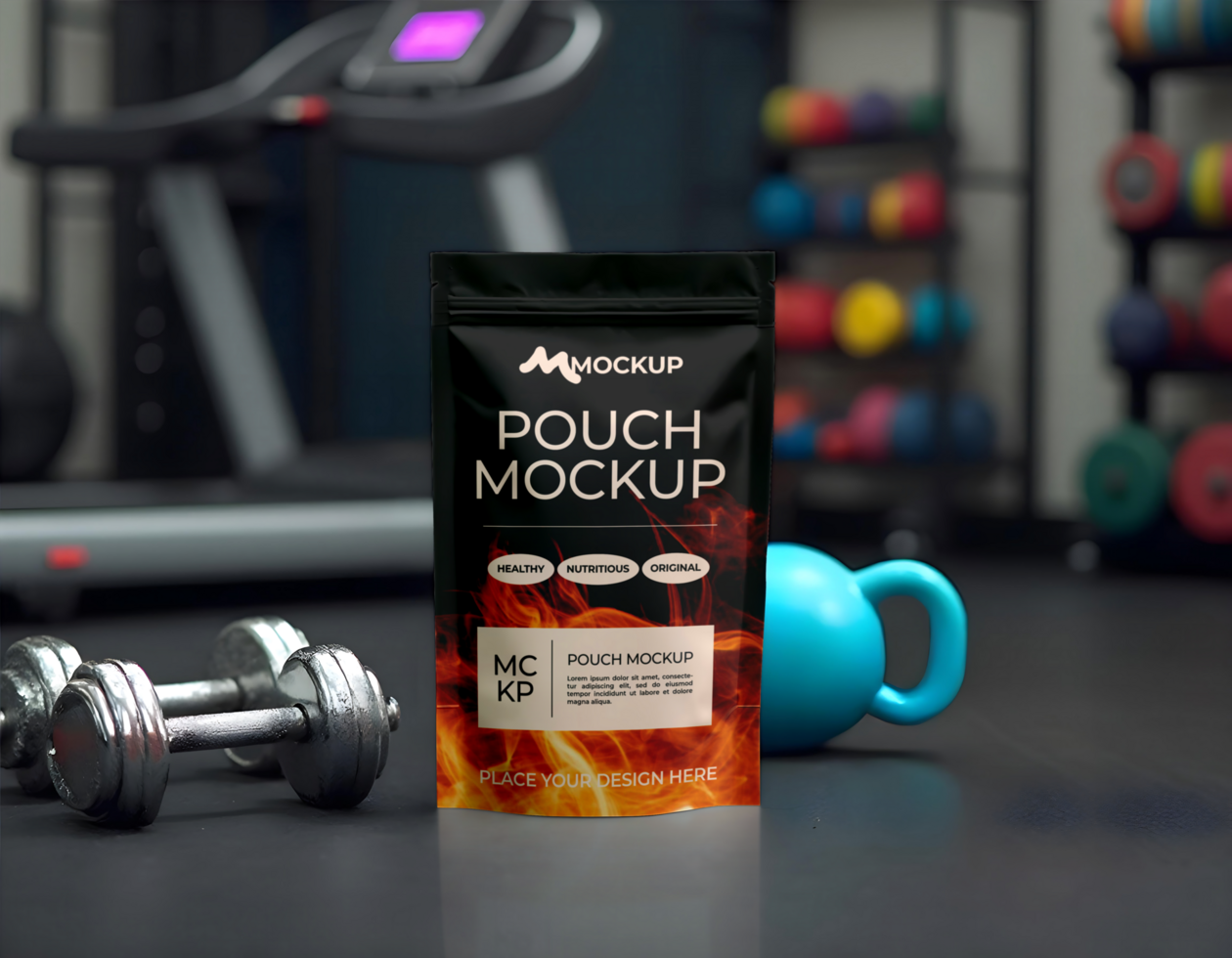 Mockup standing zip lock pouch with gym and barbel background psd