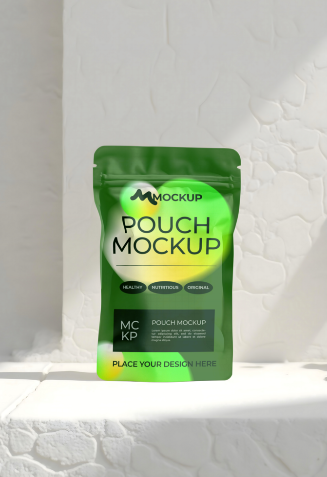 Mockup standing zip lock pouch with white stone background psd