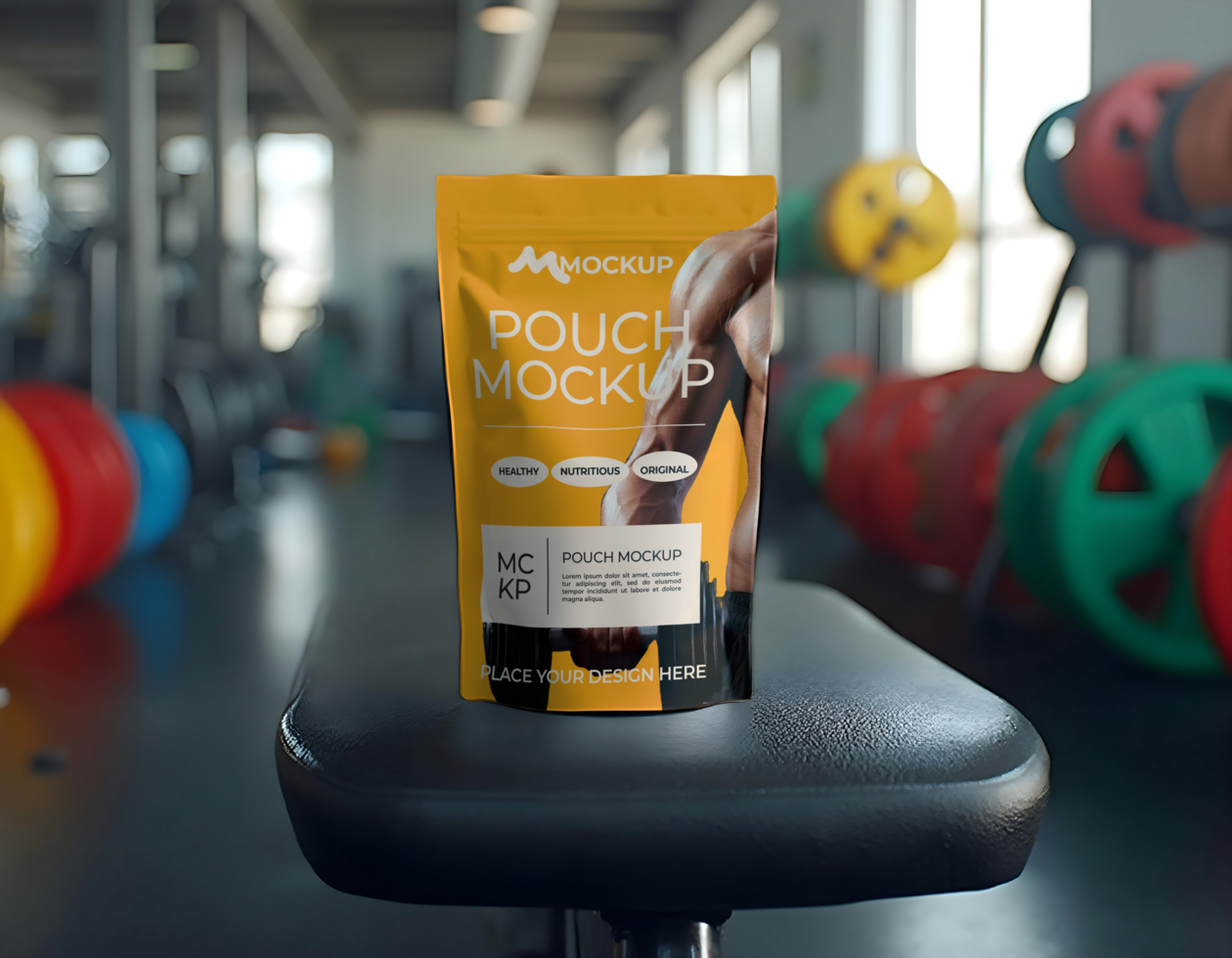 Mockup standing zip lock pouch with gym background psd