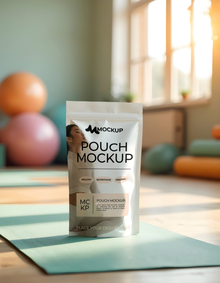 Mockup standing zip lock pouch with yoga background psd