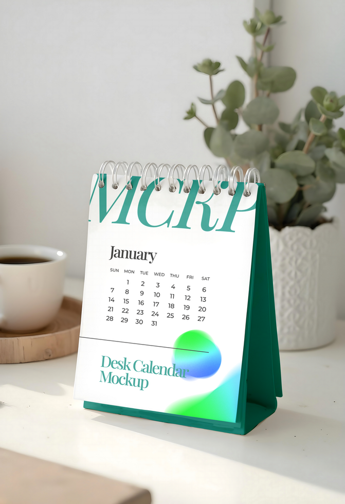 Desk calendar Mockup plant background psd