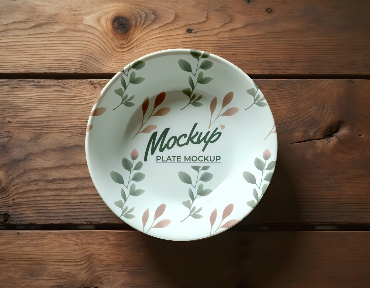 Plate mockup with background brown wood psd