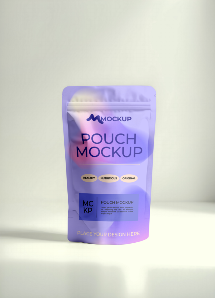 Mockup standing zip lock pouch purple with white background psd