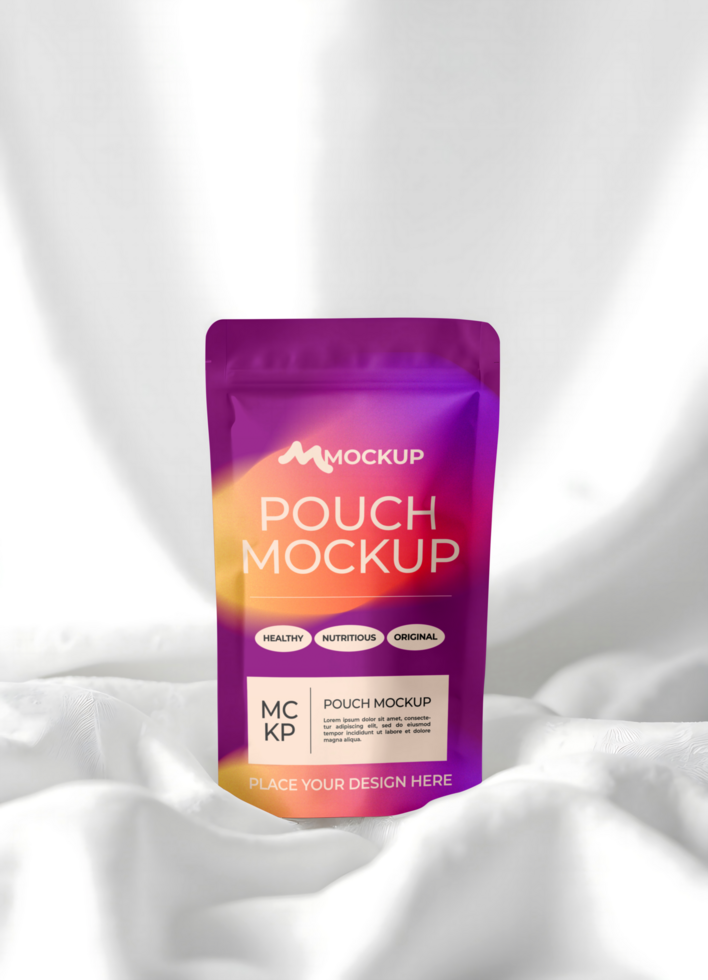 Mockup standing zip lock pouch with white fabric background psd