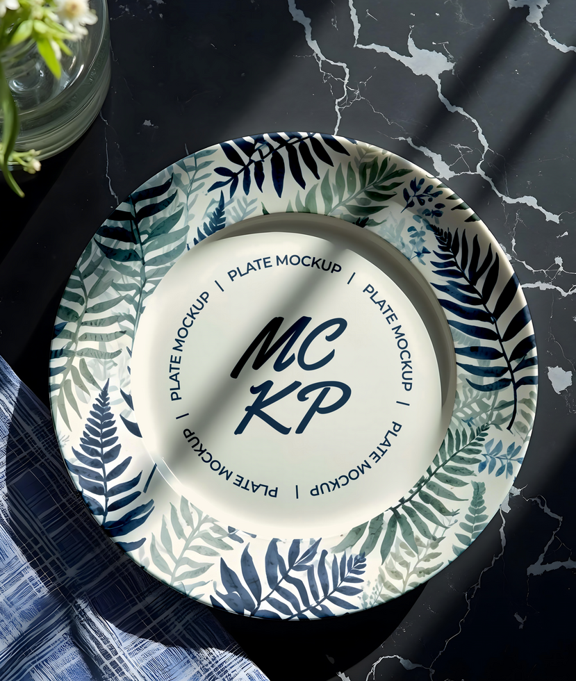 Plate mockup with black marble background psd