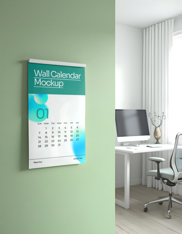green wall Calendar Mockup psd