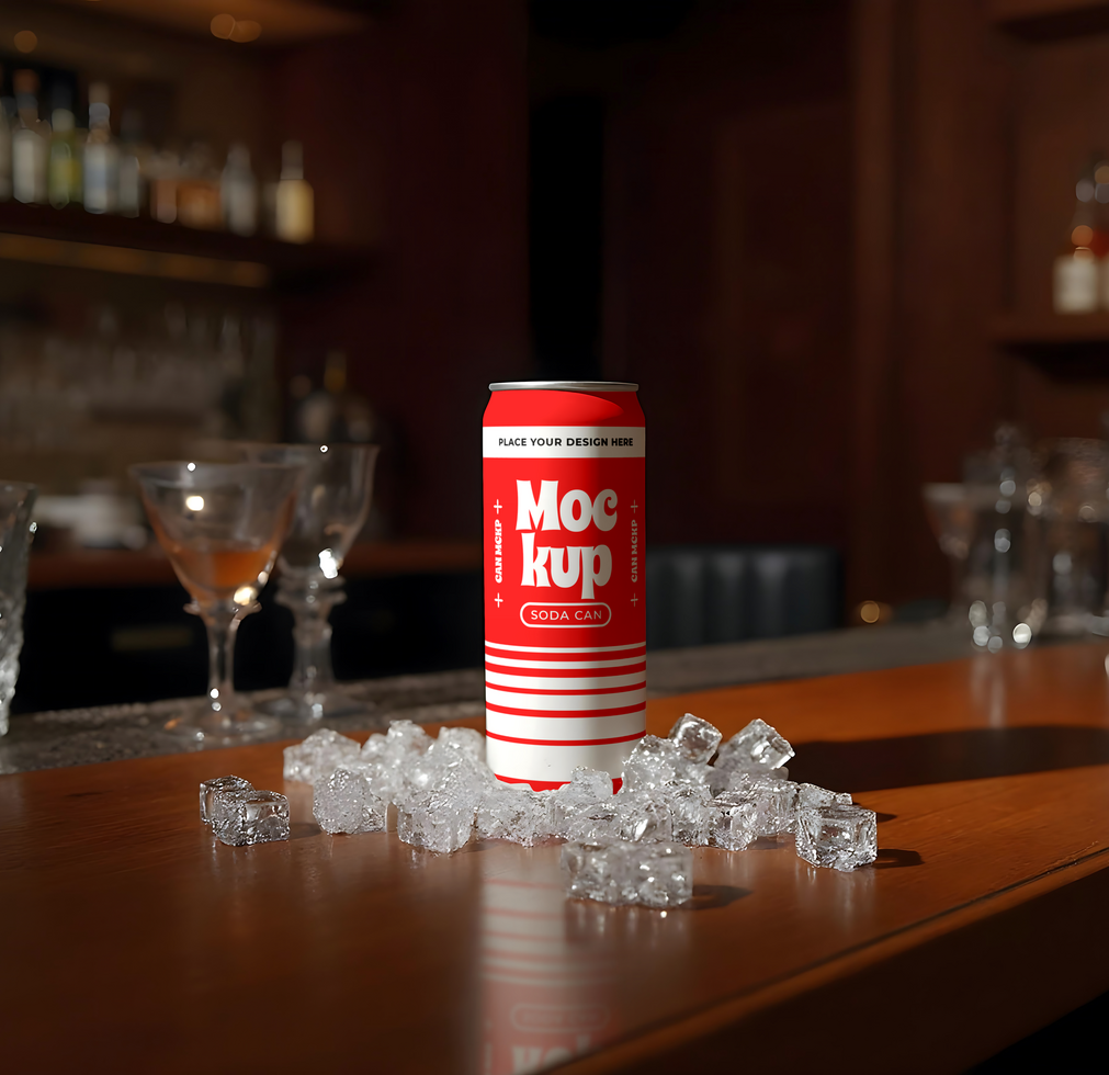 mockup soda can with ice cubes psd