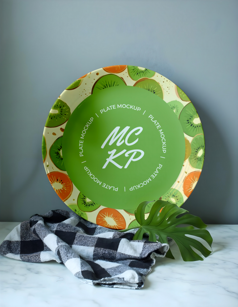 Plate mockup with leaf and grey background psd