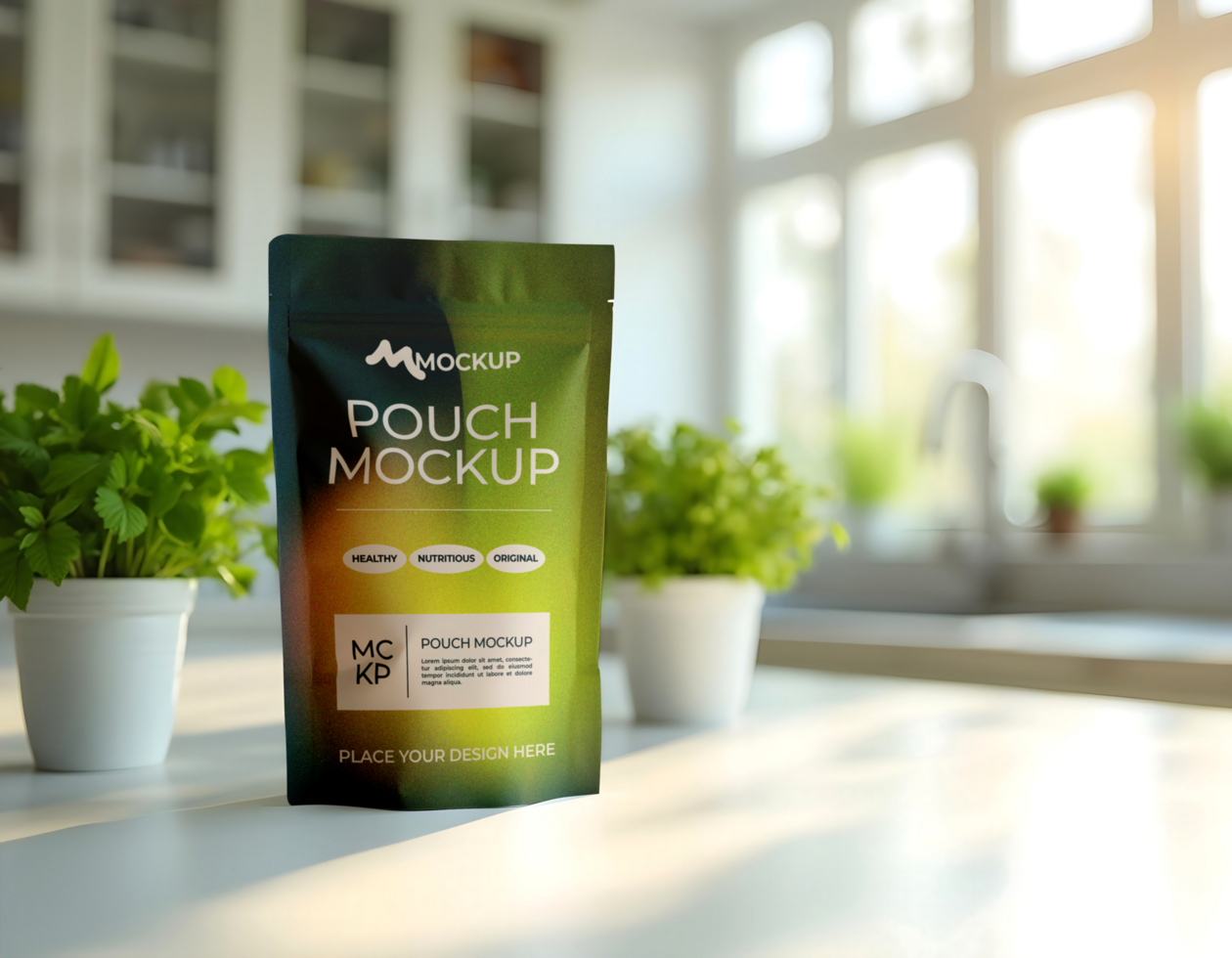 Mockup standing zip lock pouch with leaf background psd