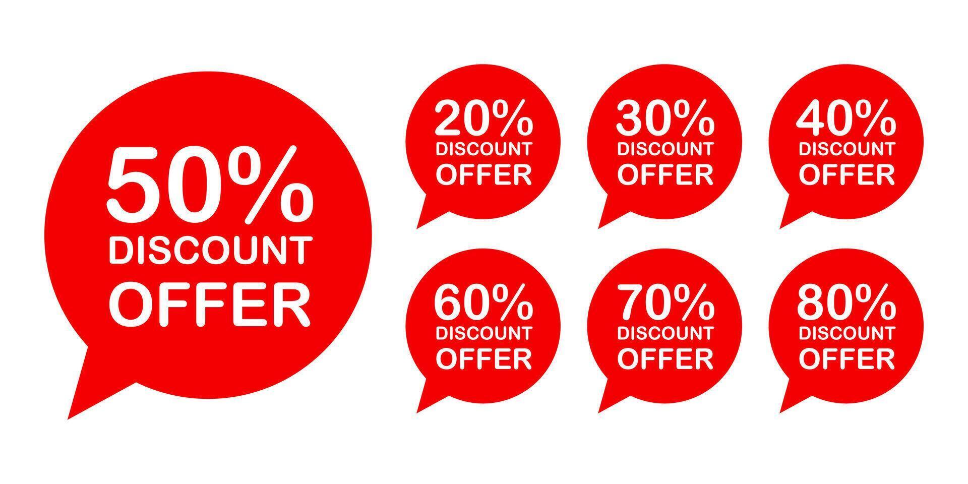 Sale discounts label starting from 20, 30, 40, 50, 60, 70, 80 percent. Trendy red sales promotion banner element vector