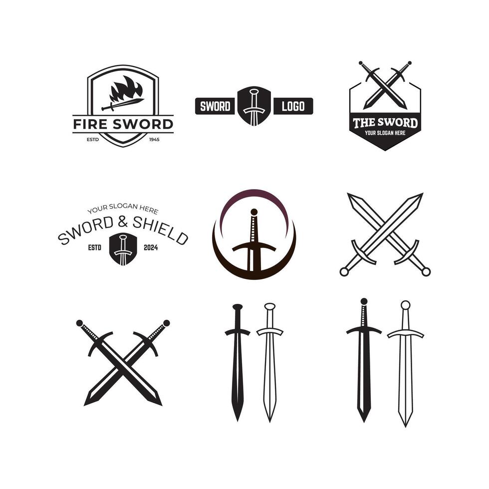 Set of medieval sword and shield logos and emblems vector