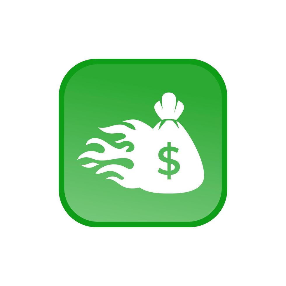 A green button with a burning bag of money vector