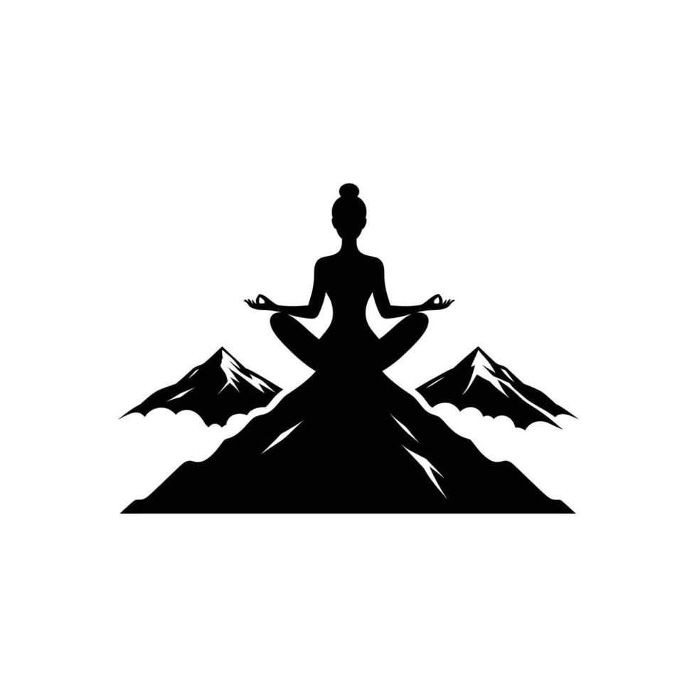 Person Meditating on Mountain Summit Silhouette, Tranquility and Inner Peace vector