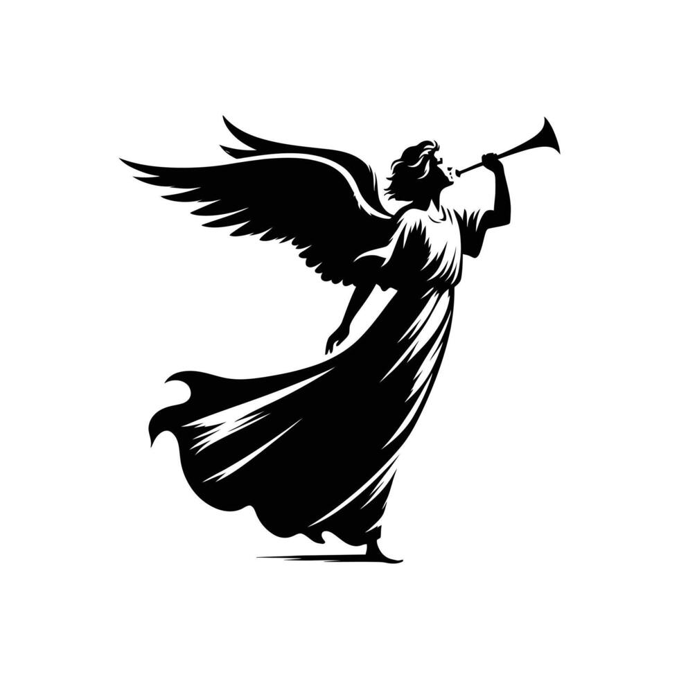 Black Silhouette of Angel Playing Trumpet Ideal for Epiphany Themes and Decorations vector