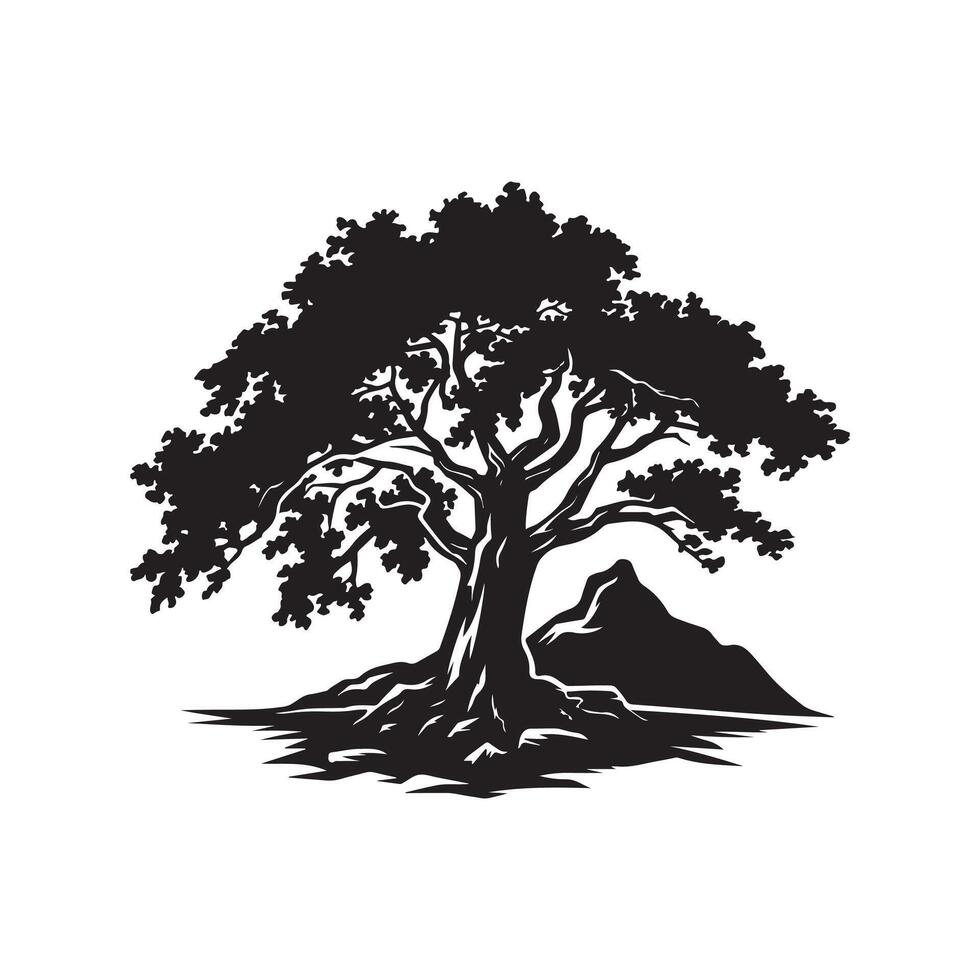 An oak tree with a mountain in the background vector