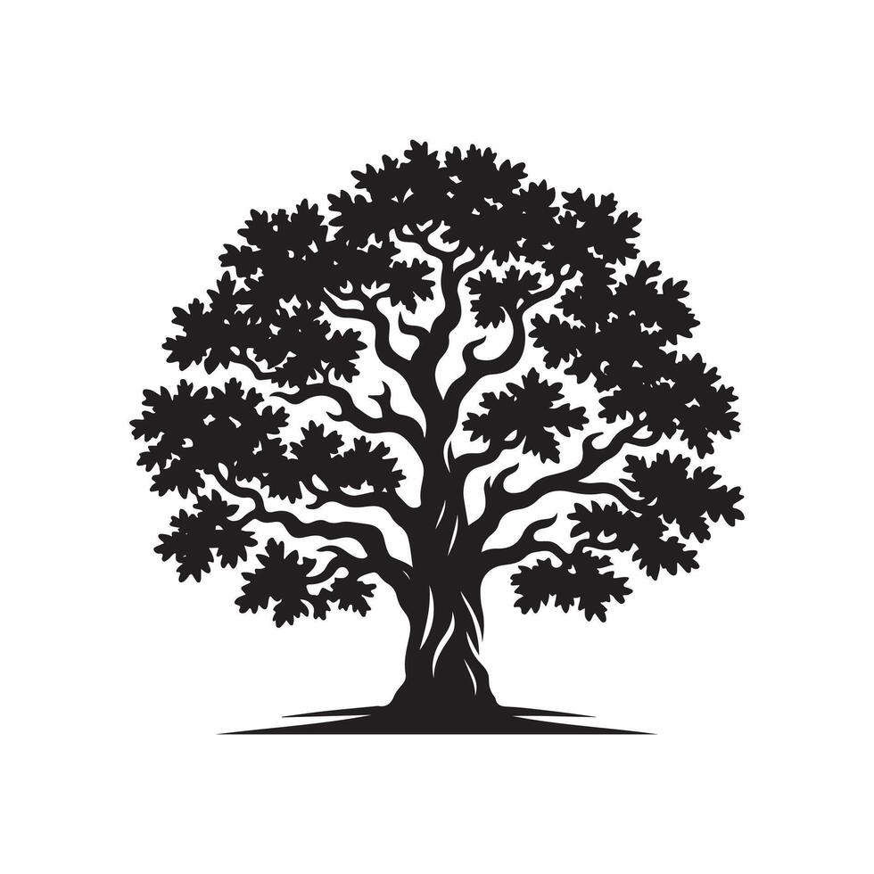 An oak tree is shown in black and white vector