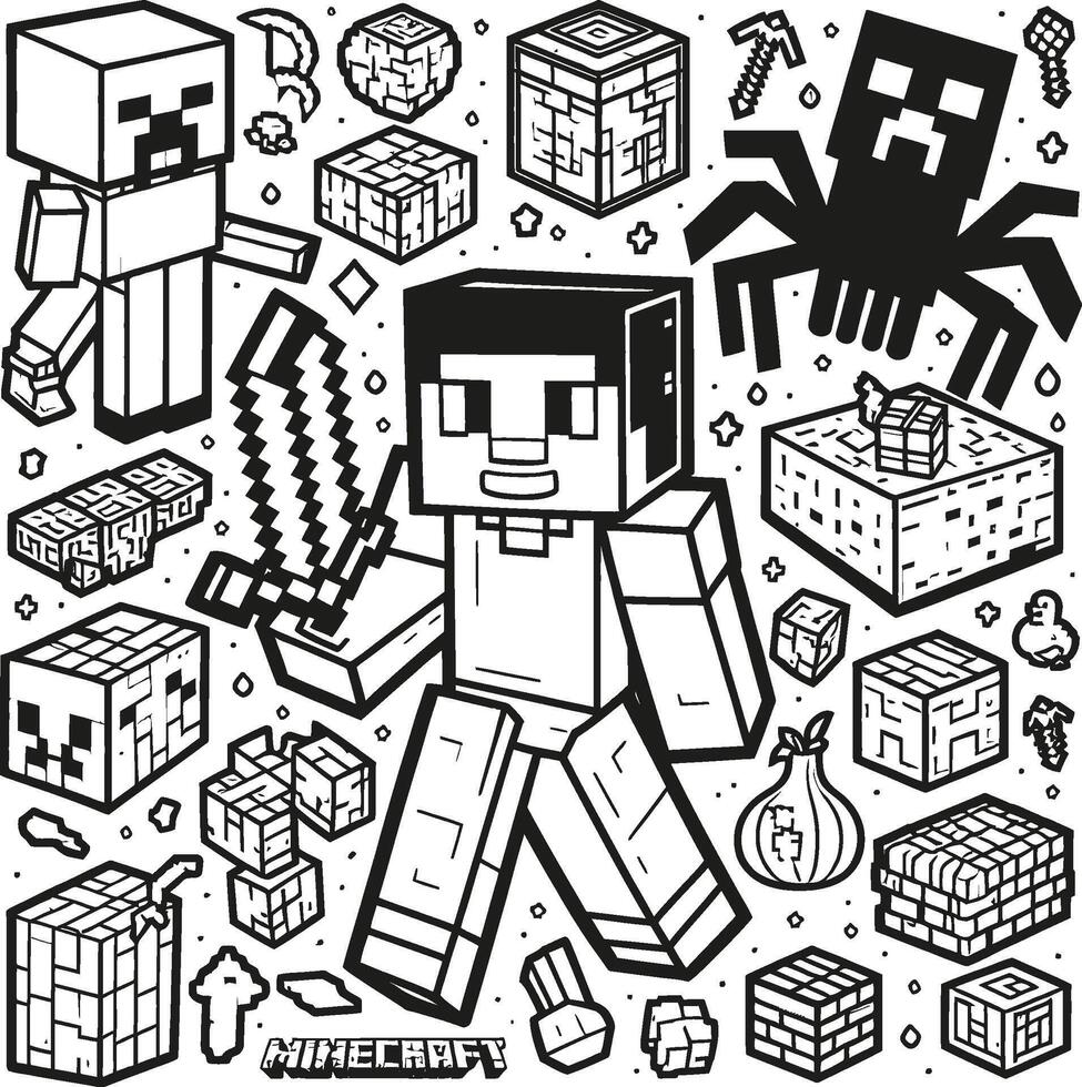 A Minecraft coloring line art with fox sneaking, bamboo forest, during sunset, building a huge skyscraper vector