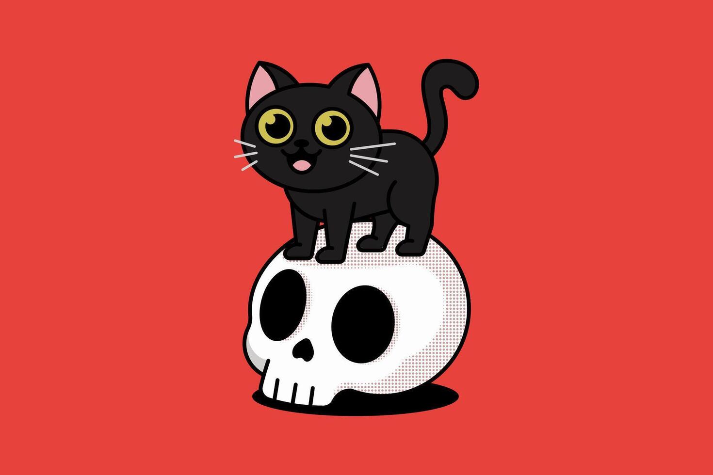 Mysterious Black Cat Perched on a Skull in a Spooky Setting vector