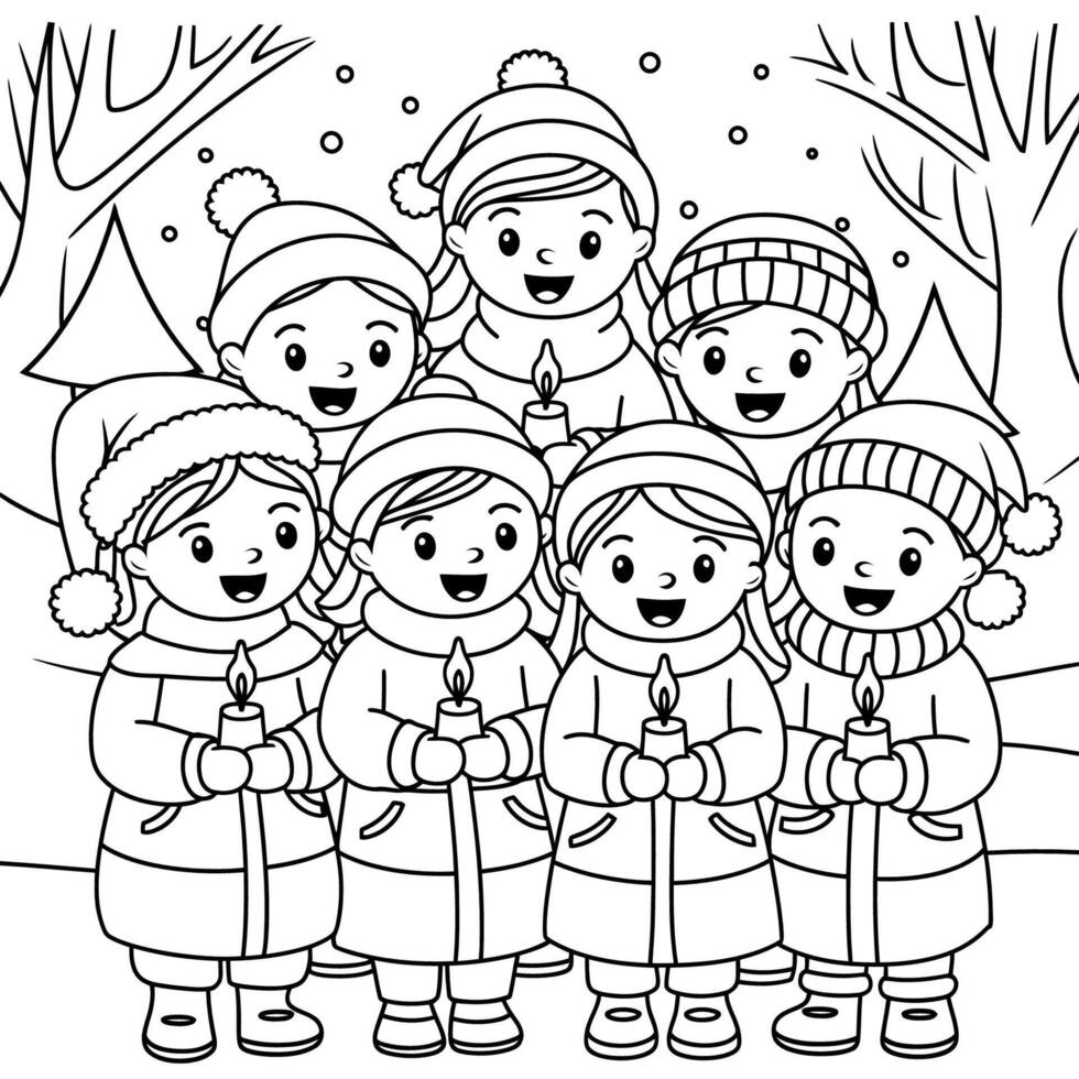 Joyful Children Singing Carols with Candles in Winter Wonderland vector