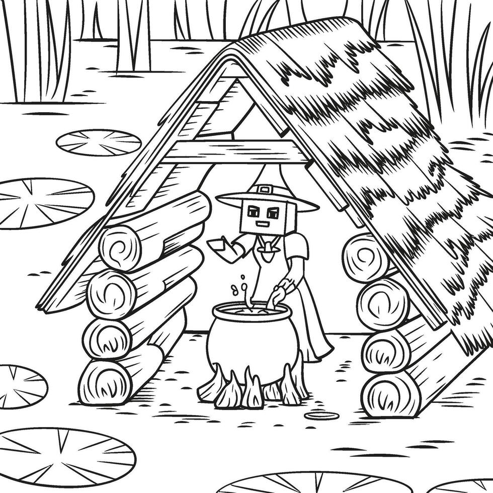 A Minecraft coloring line art with fox sneaking, bamboo forest, during sunset, building a huge skyscraper vector
