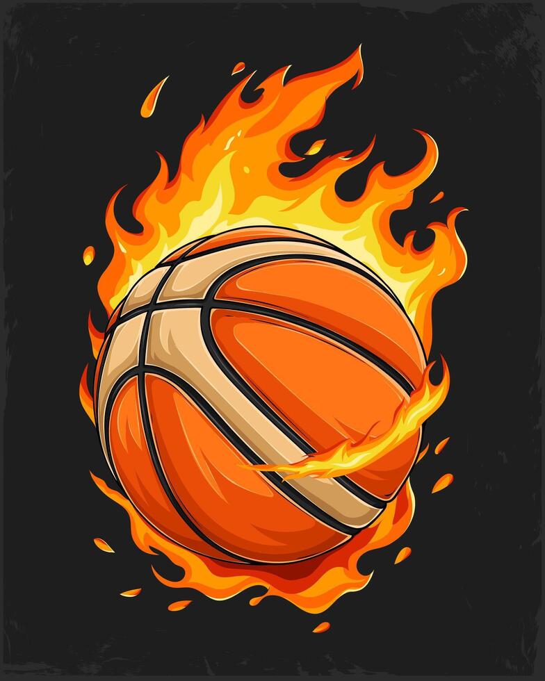 Hand drawn sport professional orange basketball ball set on fire isolated on black background vector