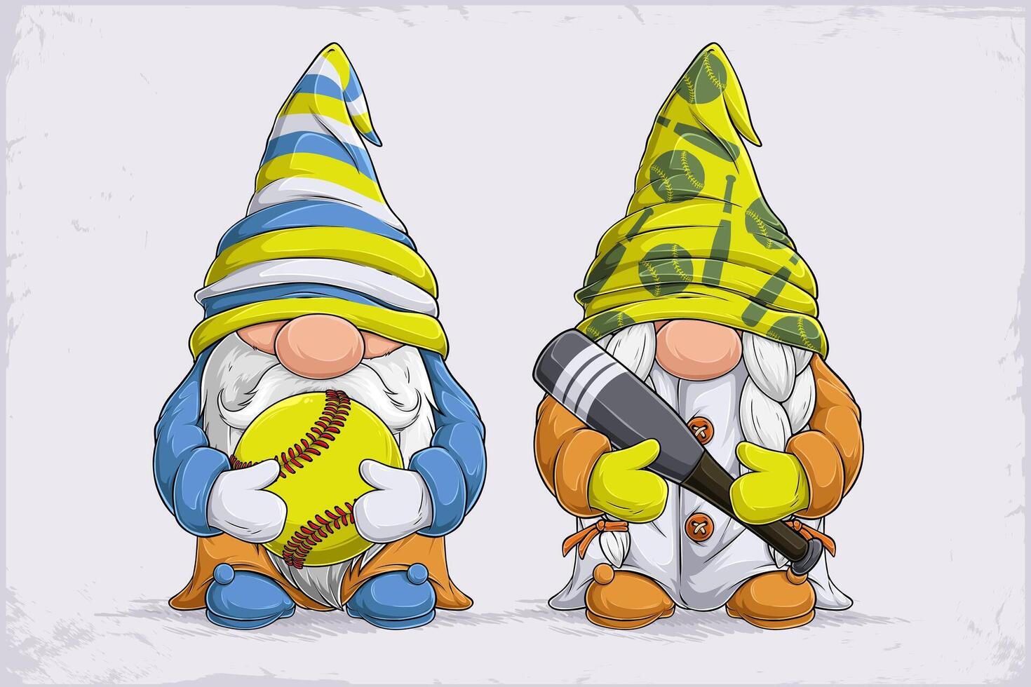 Hand drawn cute gnomes in blue and yellow disguise holding softball ball and bat on their hands vector